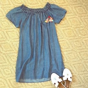 Off the shoulder (or on) chambray dress!